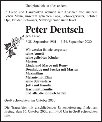 Traueranzeige von Peter Deutsch (geb. Falke)  von Magdeburger Volksstimme