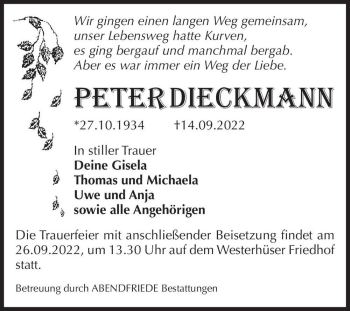 Traueranzeige von Peter Dieckmann  von Magdeburger Volksstimme