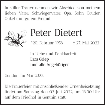 Traueranzeige von Peter Dietert  von Magdeburger Volksstimme