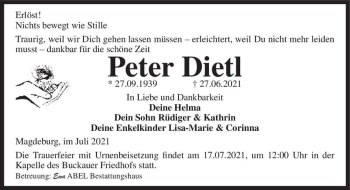 Traueranzeige von Peter Dietl  von Magdeburger Volksstimme