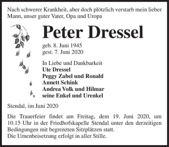 Traueranzeige von Peter Dressel  von Magdeburger Volksstimme