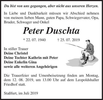 Traueranzeige von Peter Duschta  von Magdeburger Volksstimme