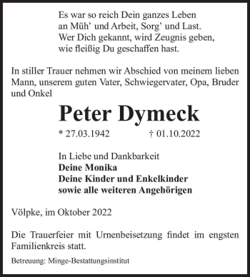Traueranzeige von Peter Dymeck  von Magdeburger Volksstimme