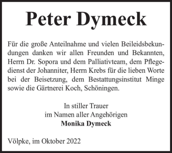 Traueranzeige von Peter Dymeck  von Magdeburger Volksstimme