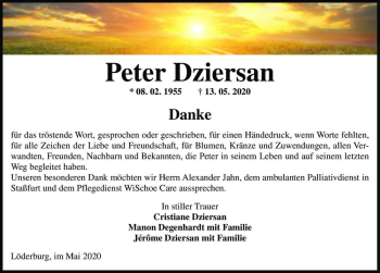 Traueranzeige von Peter Dziersan  von Magdeburger Volksstimme
