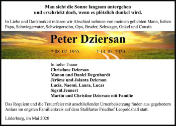 Traueranzeige von Peter Dziersan  von Magdeburger Volksstimme