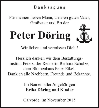 Traueranzeige von Peter Döring  von Magdeburger Volksstimme