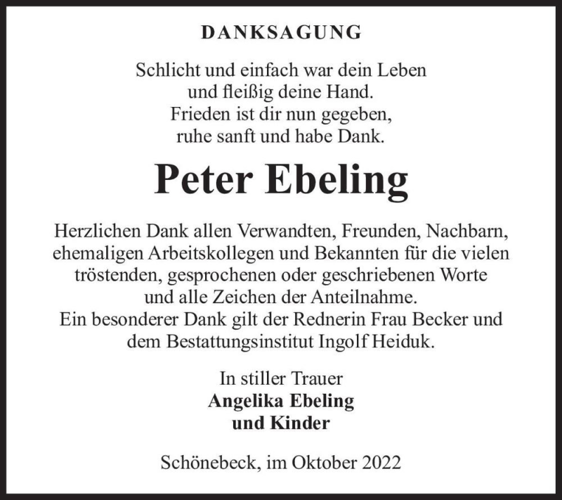  Traueranzeige für Peter Ebeling  vom 15.10.2022 aus Magdeburger Volksstimme