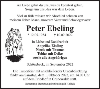 Traueranzeige von Peter Ebeling  von Magdeburger Volksstimme