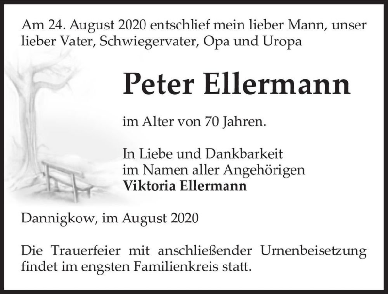  Traueranzeige für Peter Ellermann  vom 29.08.2020 aus Magdeburger Volksstimme