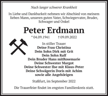 Traueranzeige von Peter Erdmann  von Magdeburger Volksstimme