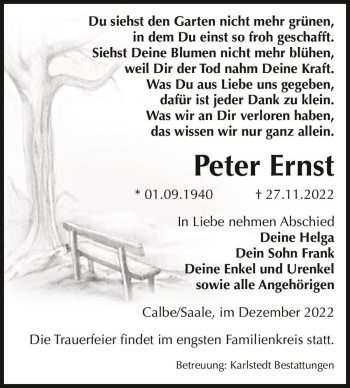 Traueranzeige von Peter Ernst  von Magdeburger Volksstimme