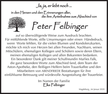Traueranzeige von Peter Felbinger  von Magdeburger Volksstimme