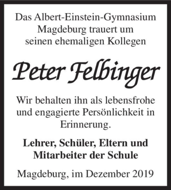 Traueranzeige von Peter Felbinger  von Magdeburger Volksstimme