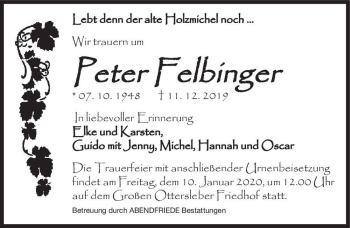 Traueranzeige von Peter Felbinger  von Magdeburger Volksstimme