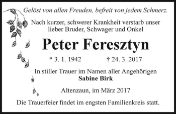 Traueranzeige von Peter Feresztyn  von Magdeburger Volksstimme