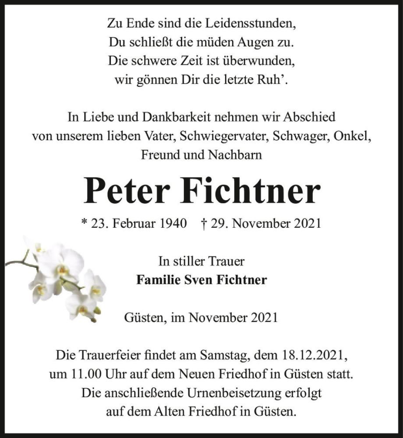  Traueranzeige für Peter Fichtner  vom 04.12.2021 aus Magdeburger Volksstimme