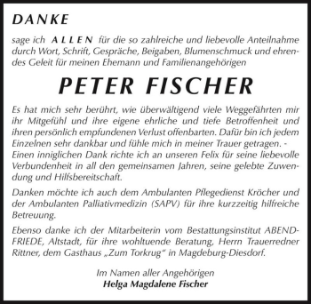 Traueranzeige von Peter Fischer  von Magdeburger Volksstimme