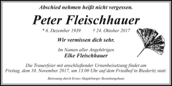 Traueranzeige von Peter Fleischhauer  von Magdeburger Volksstimme