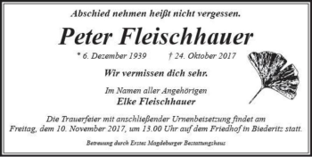 Traueranzeige von Peter Fleischhauer  von Magdeburger Volksstimme