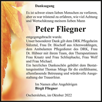 Traueranzeige von Peter Fliegner  von Magdeburger Volksstimme