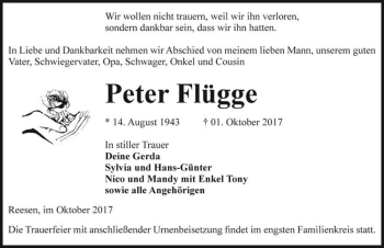 Traueranzeige von Peter Flügge  von Magdeburger Volksstimme