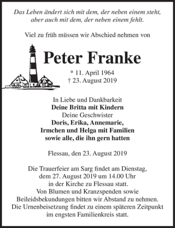 Traueranzeige von Peter Franke  von Magdeburger Volksstimme
