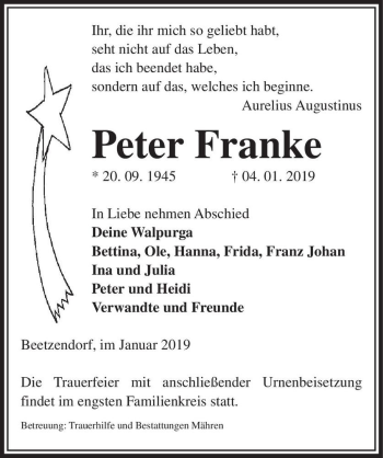 Traueranzeige von Peter Franke  von Magdeburger Volksstimme