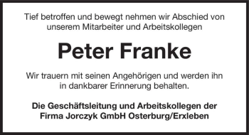 Traueranzeige von Peter Franke  von Magdeburger Volksstimme