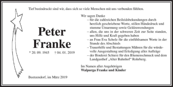 Traueranzeige von Peter Franke  von Magdeburger Volksstimme
