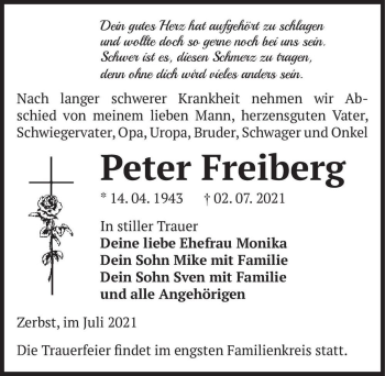 Traueranzeige von Peter Freiberg  von Magdeburger Volksstimme