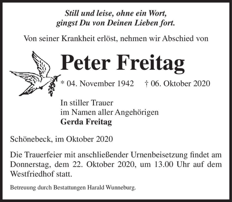  Traueranzeige für Peter Freitag  vom 10.10.2020 aus Magdeburger Volksstimme