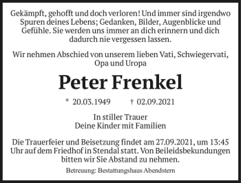 Traueranzeige von Peter Frenkel  von Magdeburger Volksstimme