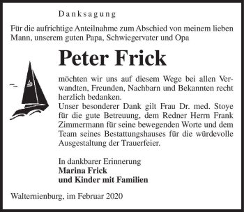 Traueranzeige von Peter Frick  von Magdeburger Volksstimme