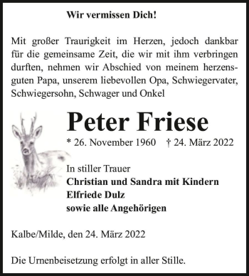 Traueranzeige von Peter Friese  von Magdeburger Volksstimme