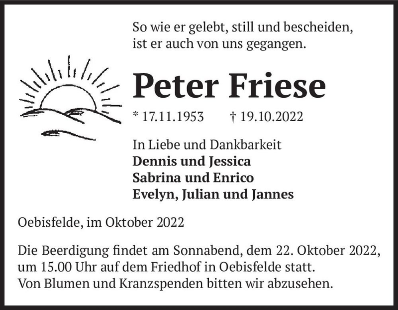  Traueranzeige für Peter Friese  vom 21.10.2022 aus Magdeburger Volksstimme