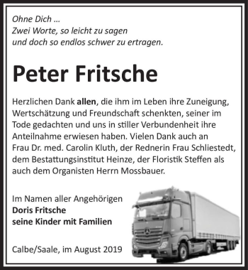 Traueranzeige von Peter Fritsche  von Magdeburger Volksstimme