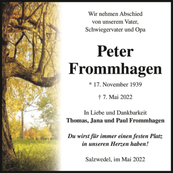 Traueranzeige von Peter Frommhagen  von Magdeburger Volksstimme