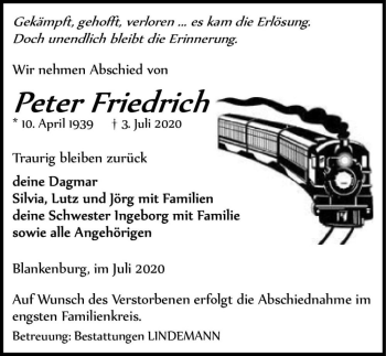 Traueranzeige von Peter Frriedrich  von Magdeburger Volksstimme