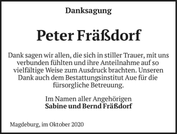 Traueranzeige von Peter Fräßdorf  von Magdeburger Volksstimme