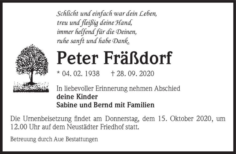  Traueranzeige für Peter Fräßdorf  vom 10.10.2020 aus Magdeburger Volksstimme