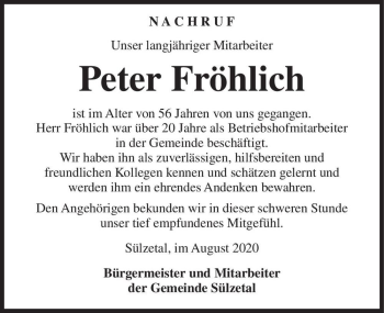 Traueranzeige von Peter Fröhlich  von Magdeburger Volksstimme