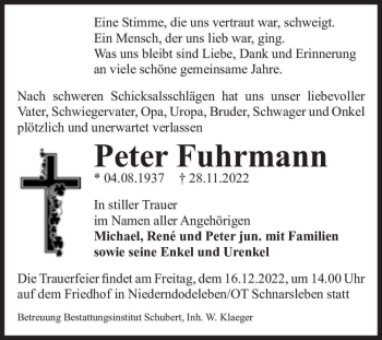 Traueranzeige von Peter Fuhrmann  von Magdeburger Volksstimme