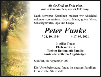 Traueranzeige von Peter Funke  von Magdeburger Volksstimme