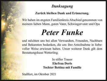 Traueranzeige von Peter Funke  von Magdeburger Volksstimme