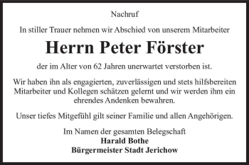 Traueranzeige von Peter Förster  von Magdeburger Volksstimme