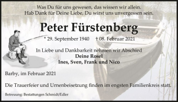 Traueranzeige von Peter Fürstenberg  von Magdeburger Volksstimme