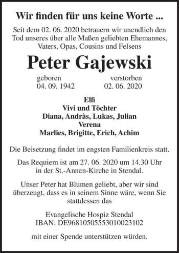 Traueranzeige von Peter Gajewski  von Magdeburger Volksstimme