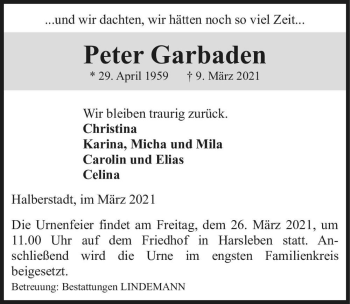 Traueranzeige von Peter Garbadan  von Magdeburger Volksstimme