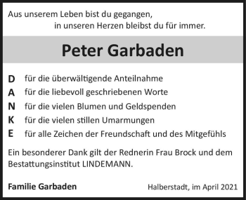 Traueranzeige von Peter Garbaden  von Magdeburger Volksstimme